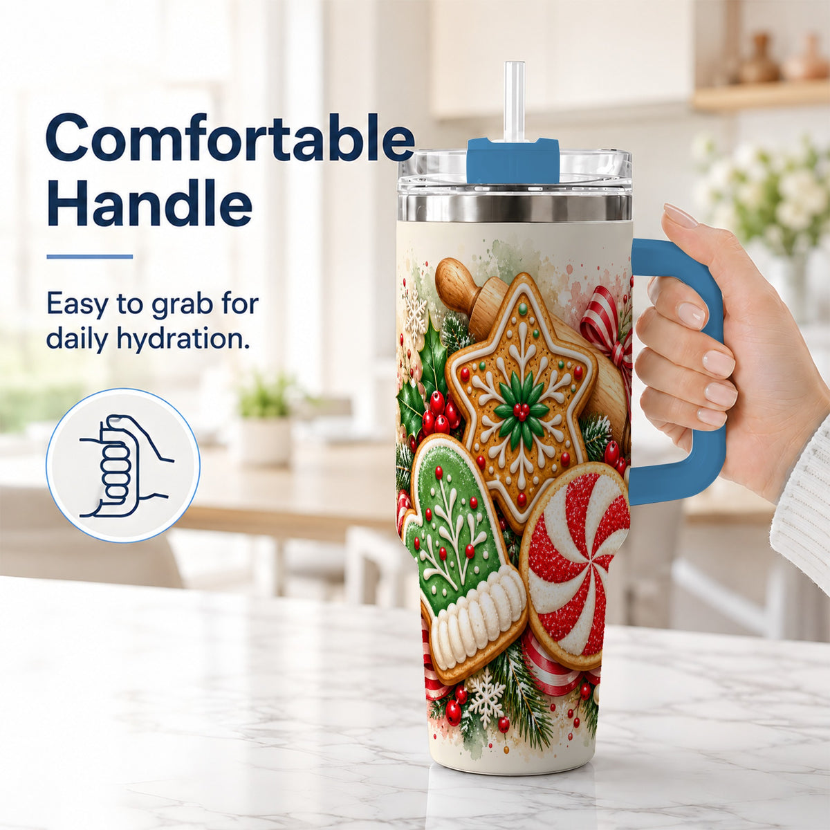 #pl[40oz|Blue] Cookie Tumbler 40oz, Gingerbread Tumbler, Stainless Steel Travel Cup
