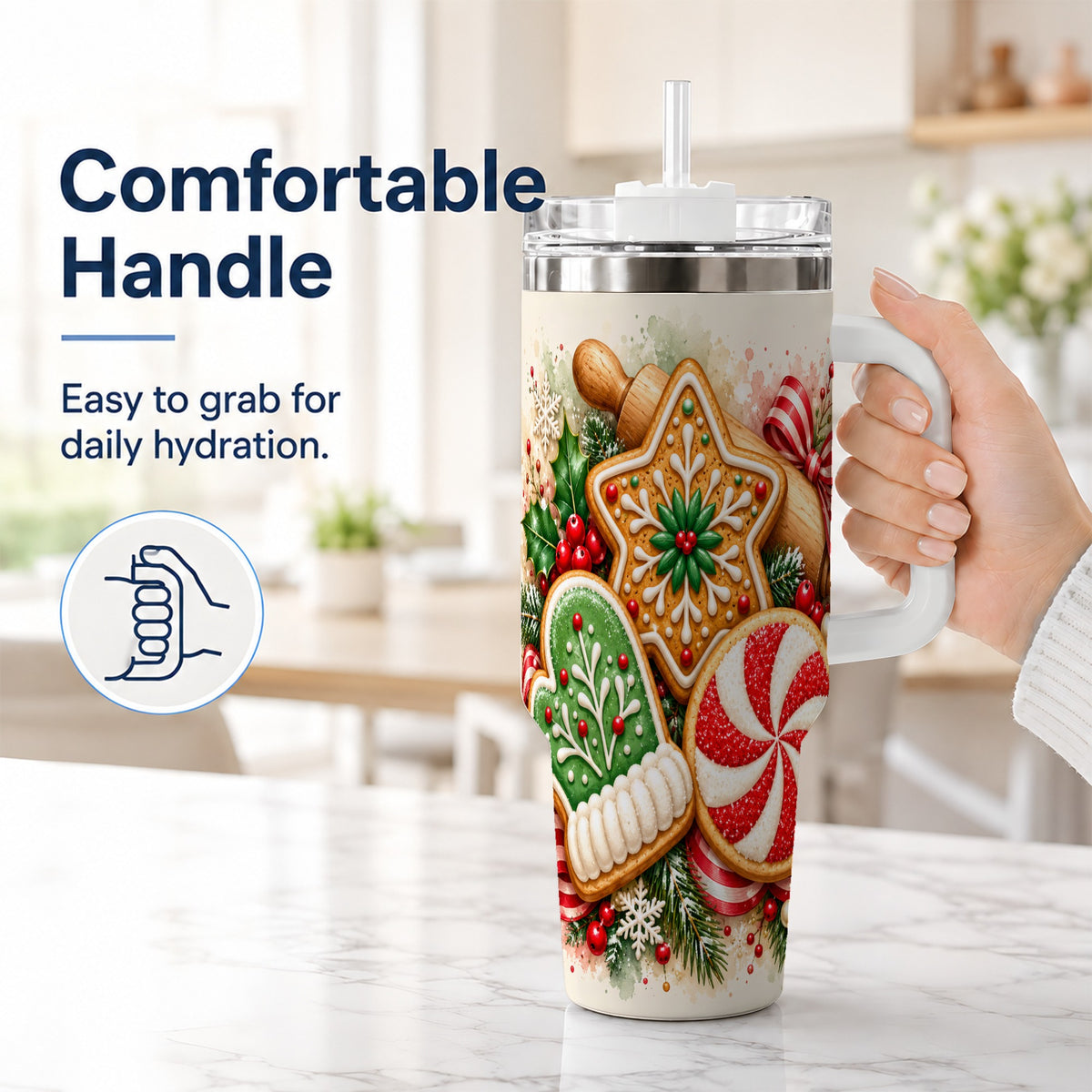 #pl[40oz|White] Cookie Tumbler 40oz, Gingerbread Tumbler, Stainless Steel Travel Cup