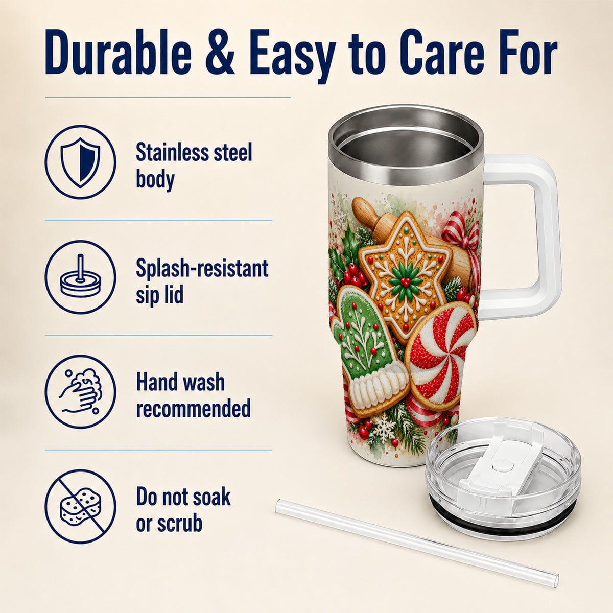 Cookie Tumbler 40oz, Gingerbread Tumbler, Stainless Steel Travel Cup
