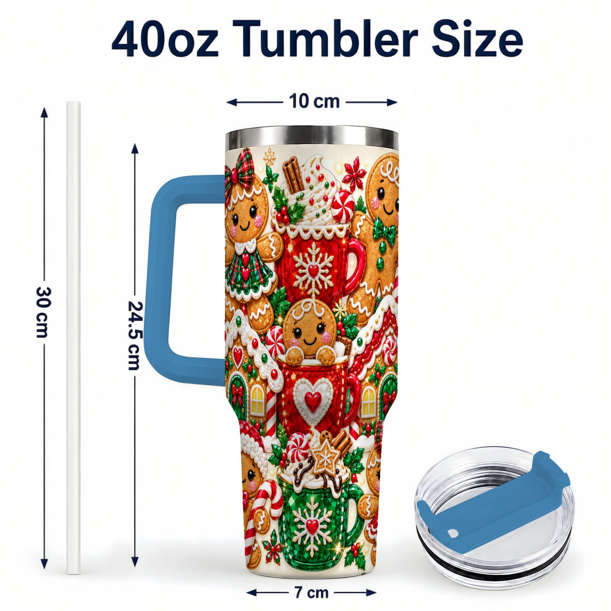 #pl[40oz|Blue] Gingerbread Tumbler 40oz, Holiday Tumbler, Stainless Steel Travel Cup