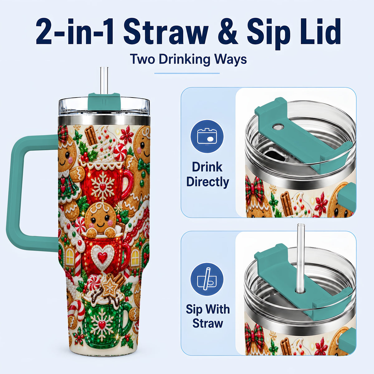 #pl[40oz|Green] Gingerbread Tumbler 40oz, Holiday Tumbler, Stainless Steel Travel Cup