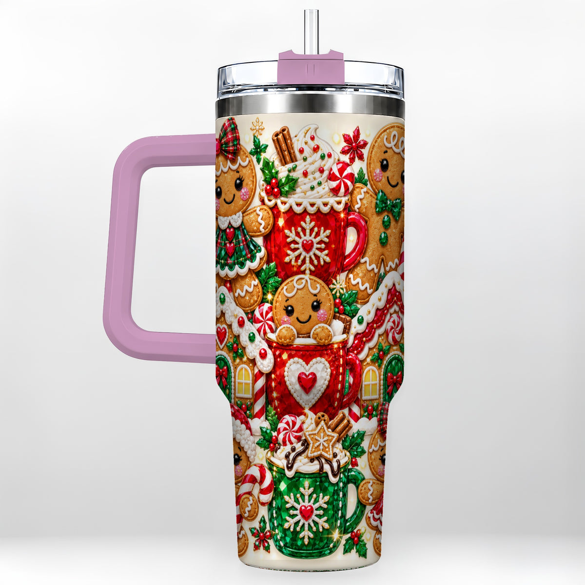 #pl[40oz|Pink] Gingerbread Tumbler 40oz, Holiday Tumbler, Stainless Steel Travel Cup