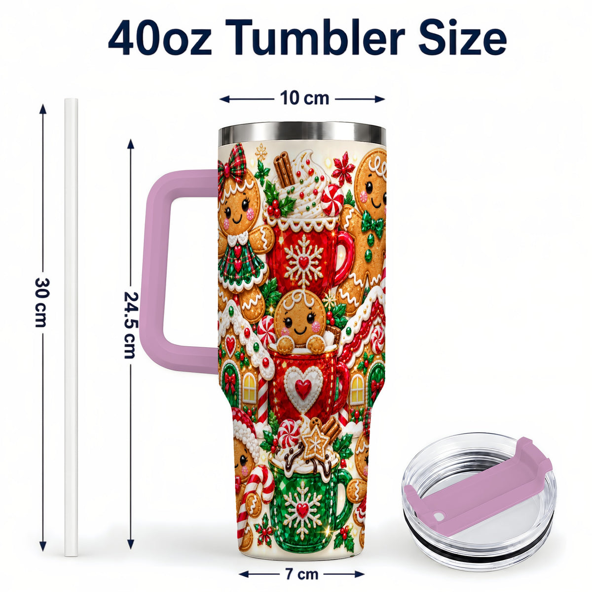 #pl[40oz|Pink] Gingerbread Tumbler 40oz, Holiday Tumbler, Stainless Steel Travel Cup
