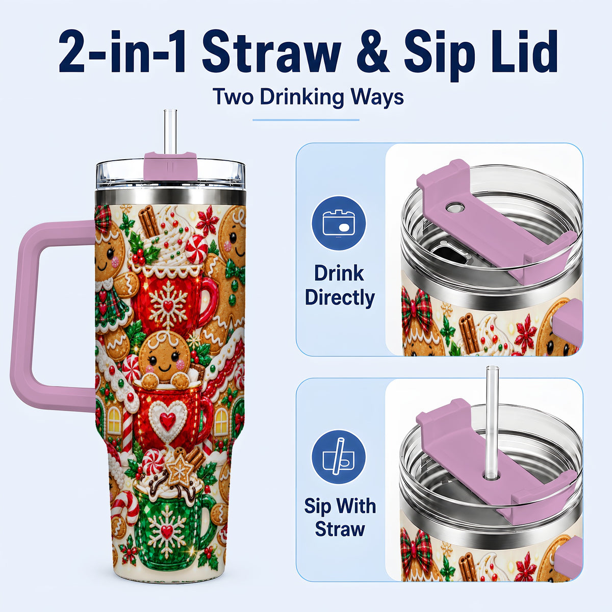 #pl[40oz|Pink] Gingerbread Tumbler 40oz, Holiday Tumbler, Stainless Steel Travel Cup