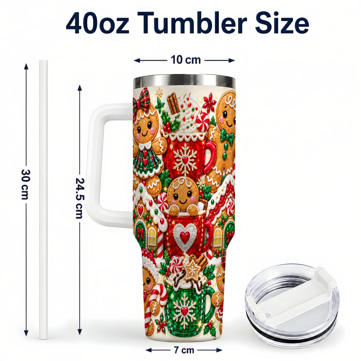 #pl[40oz|White] Gingerbread Tumbler 40oz, Holiday Tumbler, Stainless Steel Travel Cup