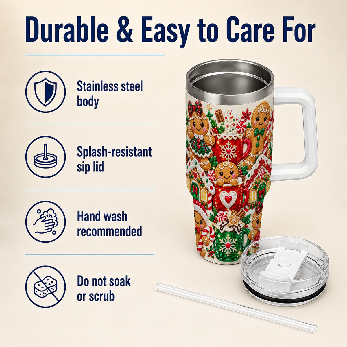 Gingerbread Tumbler 40oz, Holiday Tumbler, Stainless Steel Travel Cup