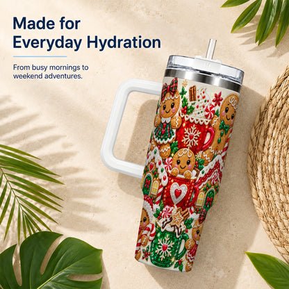 Gingerbread Tumbler 40oz, Holiday Tumbler, Stainless Steel Travel Cup