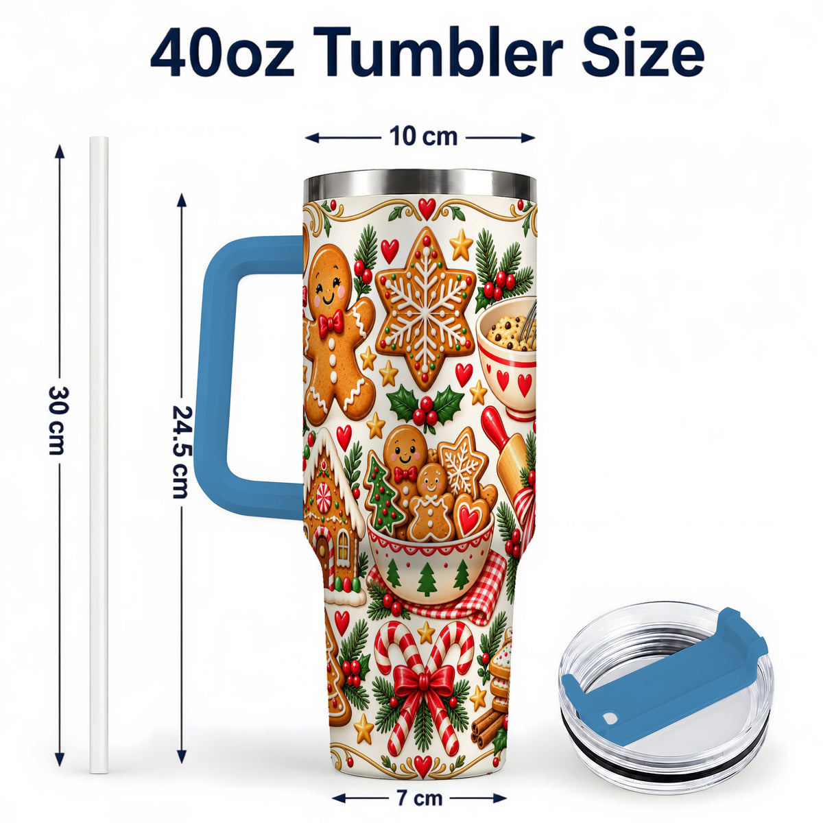#pl[40oz|Blue] Baking Tumbler 40oz, Gingerbread Tumbler, Stainless Steel Travel Cup