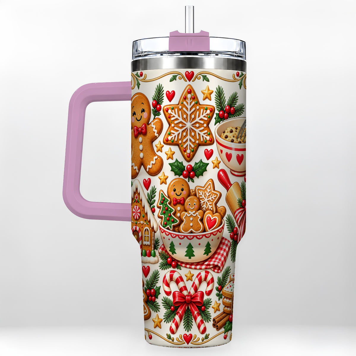 #pl[40oz|Pink] Baking Tumbler 40oz, Gingerbread Tumbler, Stainless Steel Travel Cup