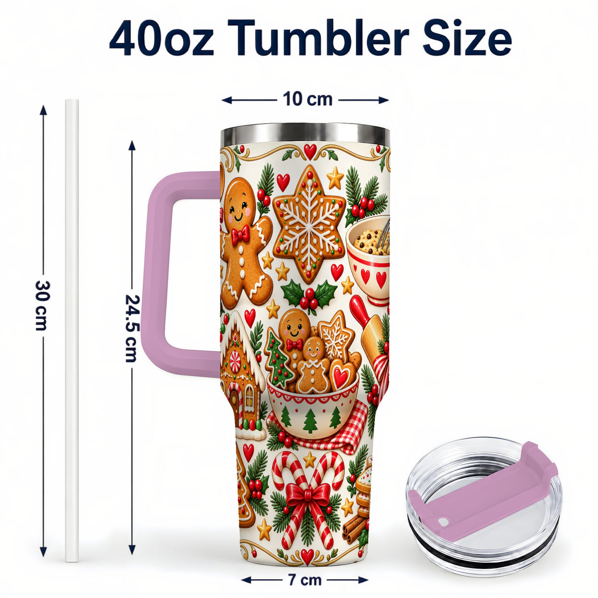 #pl[40oz|Pink] Baking Tumbler 40oz, Gingerbread Tumbler, Stainless Steel Travel Cup