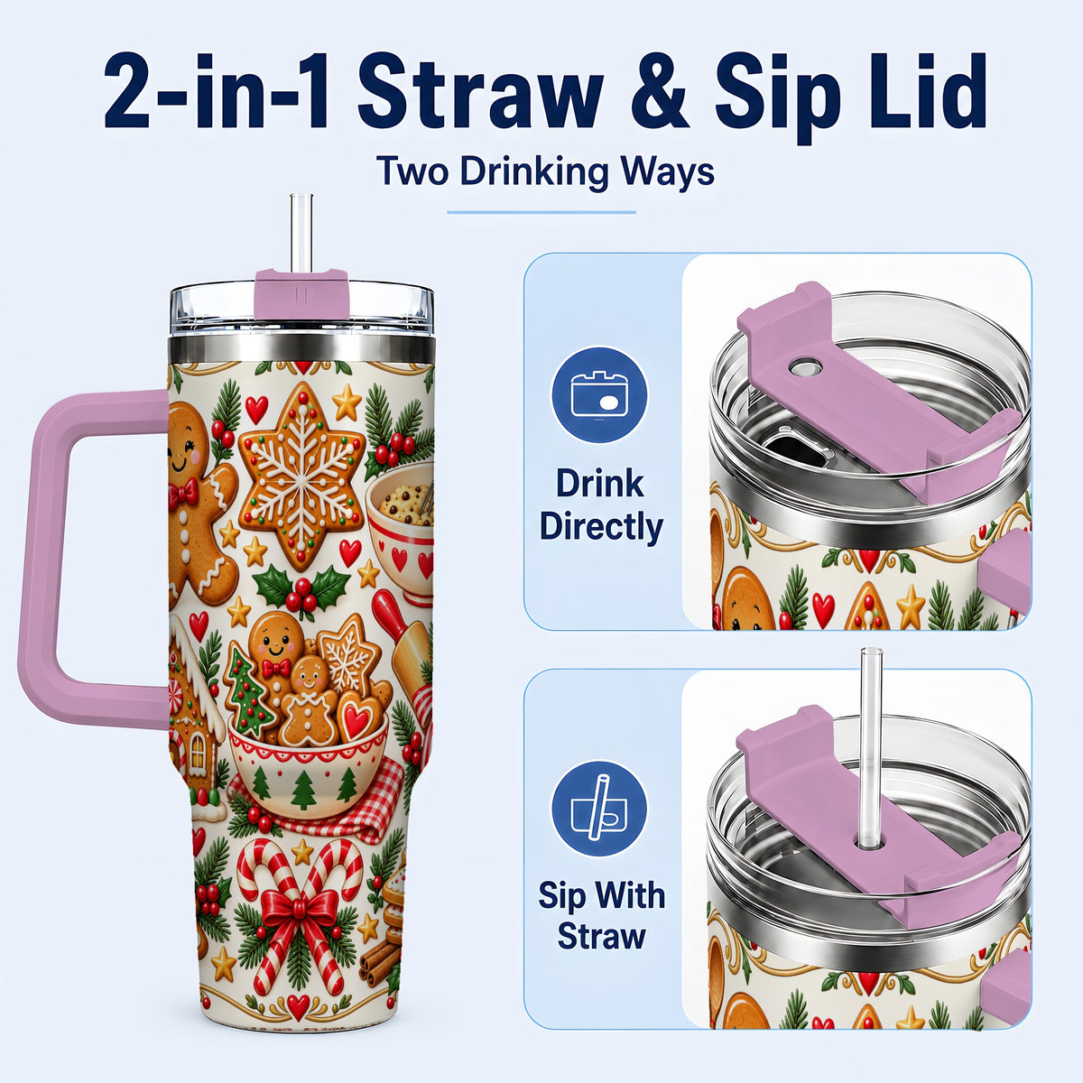 #pl[40oz|Pink] Baking Tumbler 40oz, Gingerbread Tumbler, Stainless Steel Travel Cup