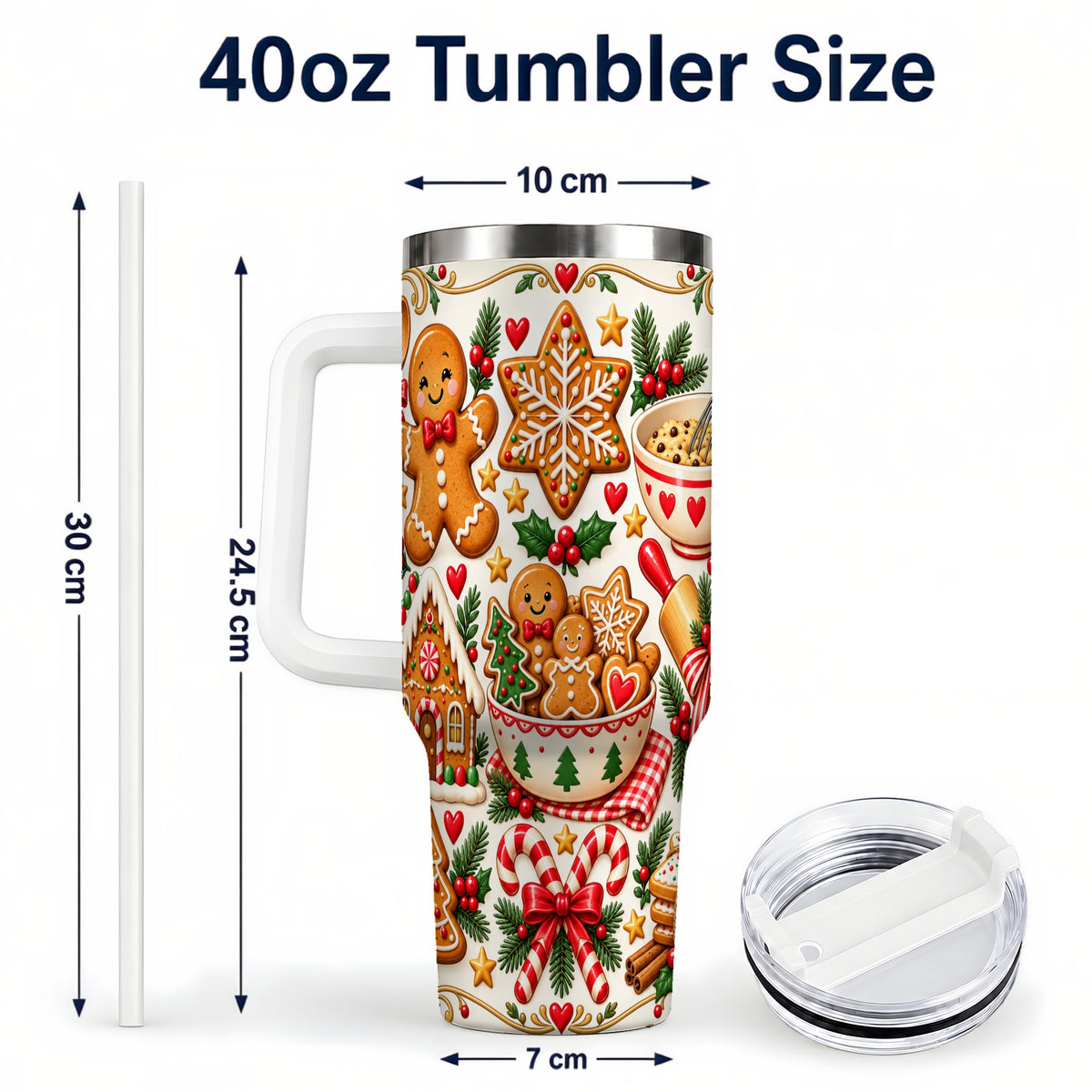 #pl[40oz|White] Baking Tumbler 40oz, Gingerbread Tumbler, Stainless Steel Travel Cup