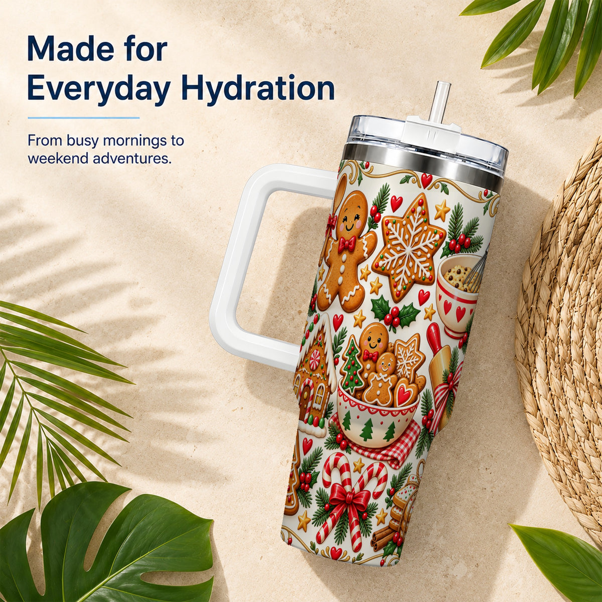 Baking Tumbler 40oz, Gingerbread Tumbler, Stainless Steel Travel Cup