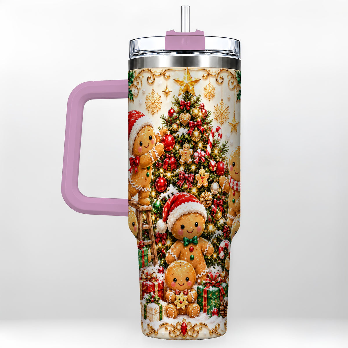 #pl[40oz|Pink] Gingerbread Family Tumbler 40oz, Holiday Tumbler, Steel Travel Cup