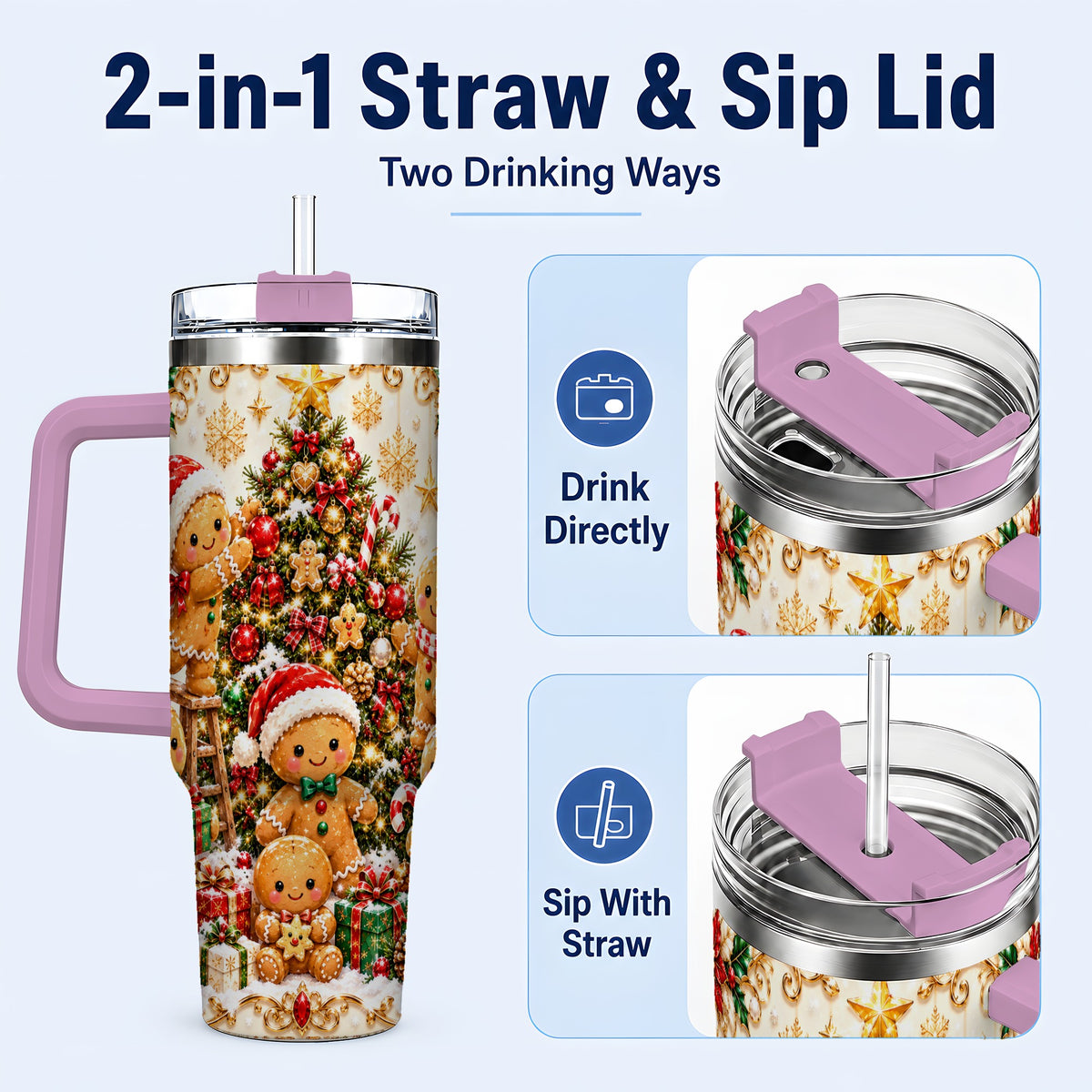 #pl[40oz|Pink] Gingerbread Family Tumbler 40oz, Holiday Tumbler, Steel Travel Cup