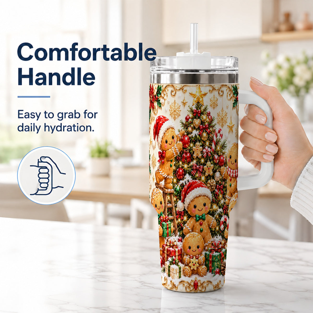 #pl[40oz|White] Gingerbread Family Tumbler 40oz, Holiday Tumbler, Steel Travel Cup