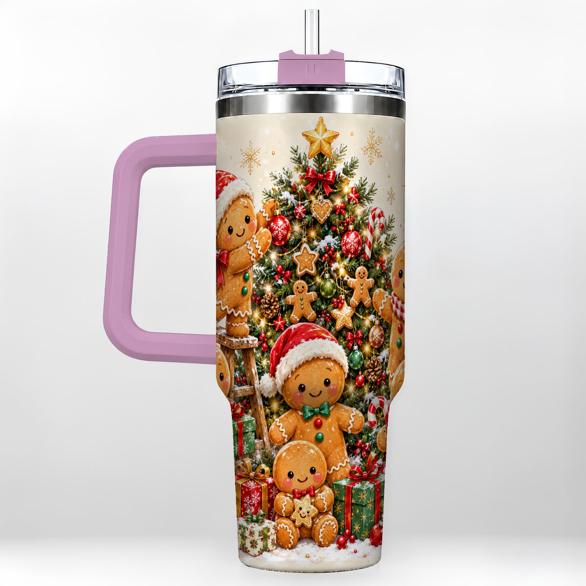 #pl[40oz|Pink] Gingerbread Family Tumbler 40oz, Festive Tumbler, Steel Travel Cup