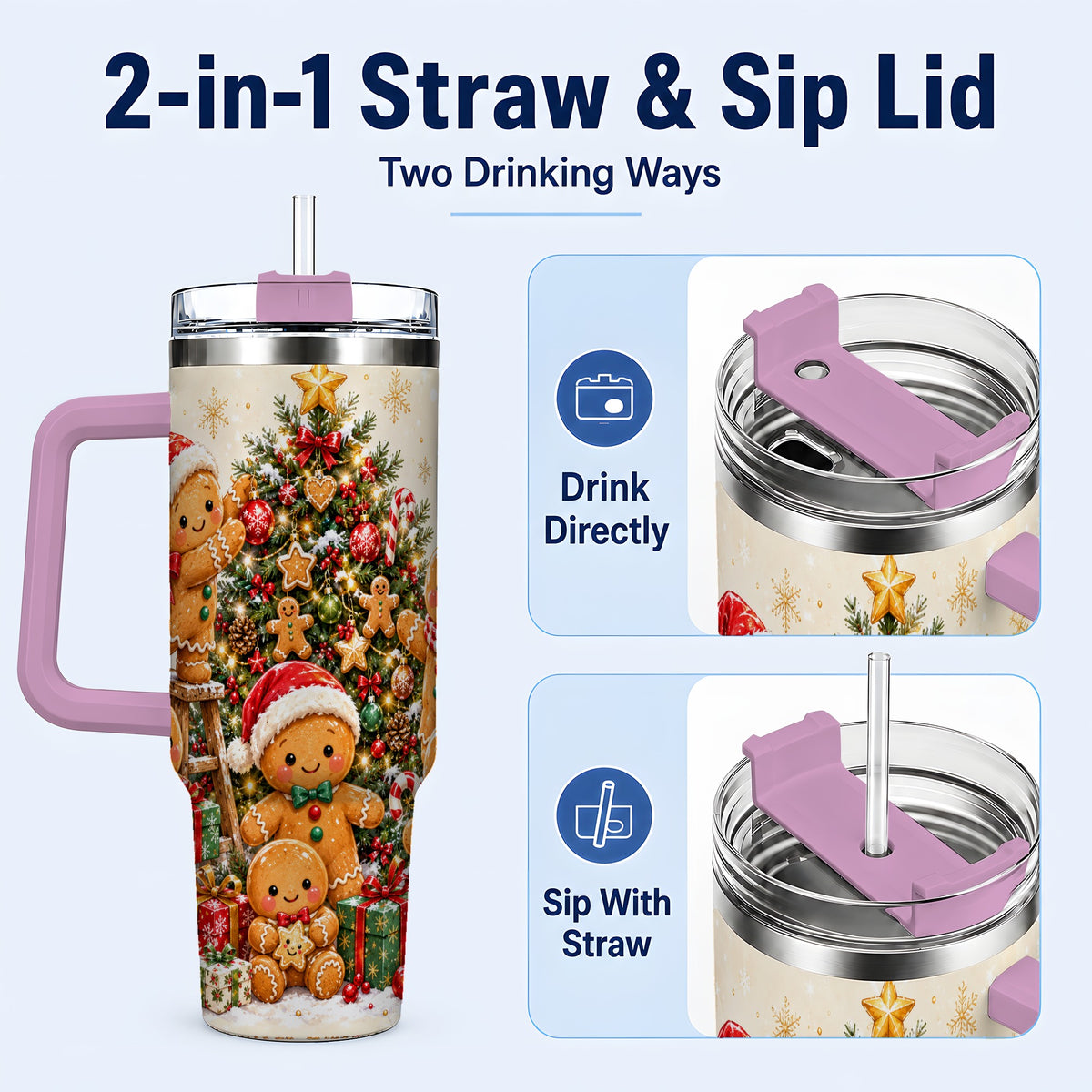 #pl[40oz|Pink] Gingerbread Family Tumbler 40oz, Festive Tumbler, Steel Travel Cup