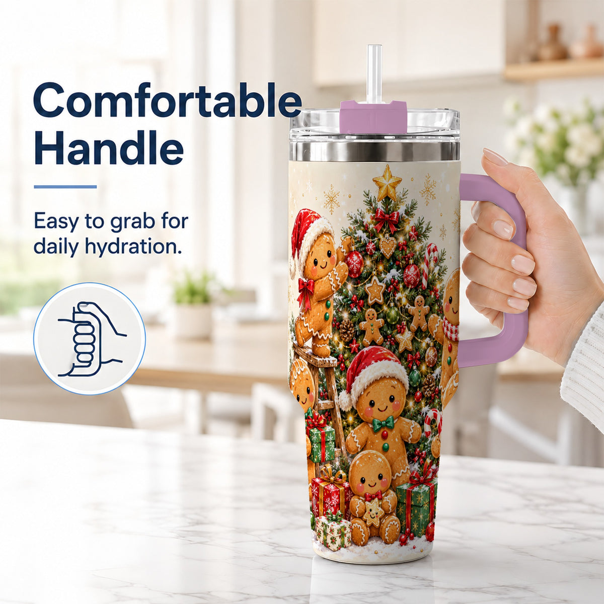 #pl[40oz|Pink] Gingerbread Family Tumbler 40oz, Festive Tumbler, Steel Travel Cup
