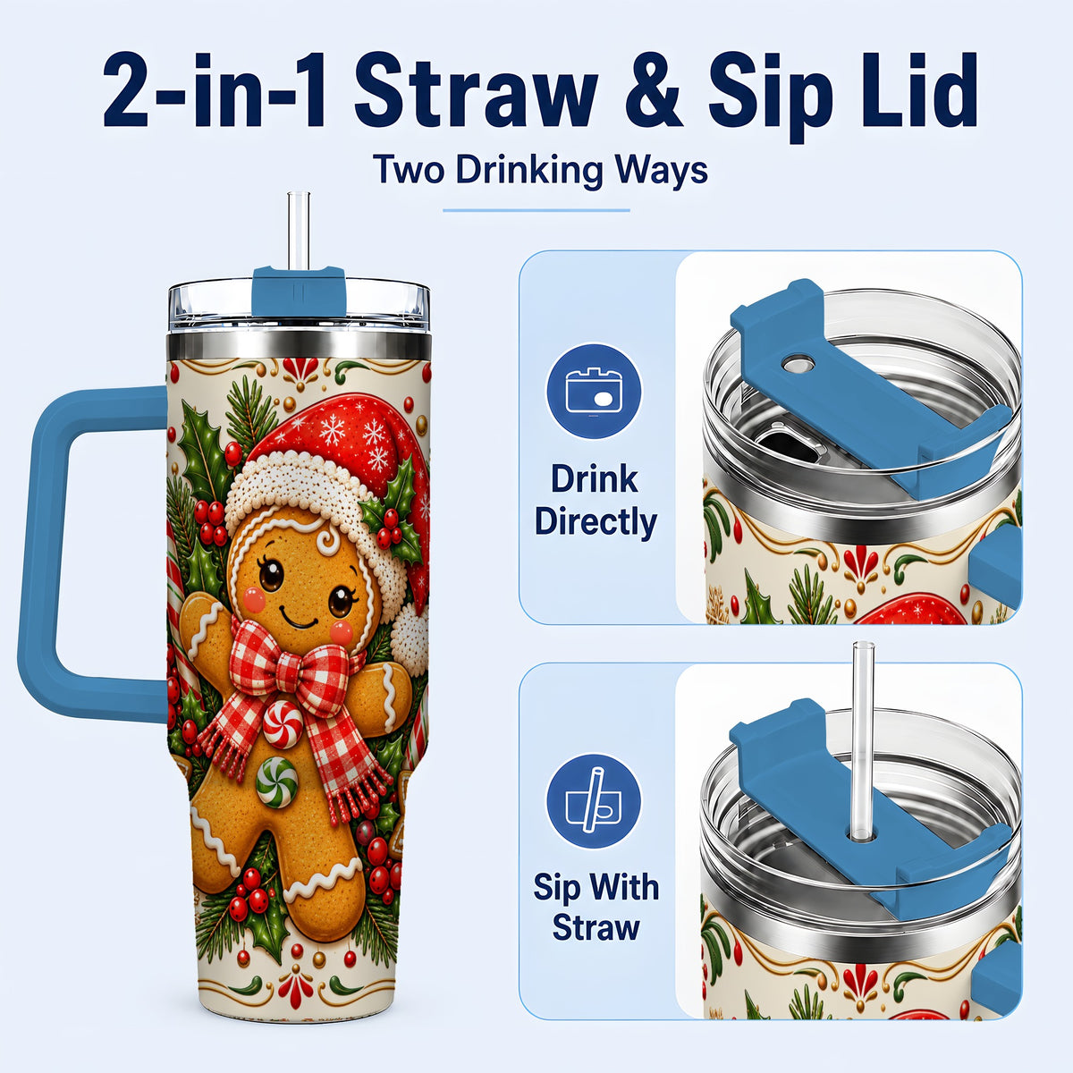 #pl[40oz|Blue] Gingerbread Girl Tumbler 40oz, Candy Cane Tumbler, Steel Travel Cup