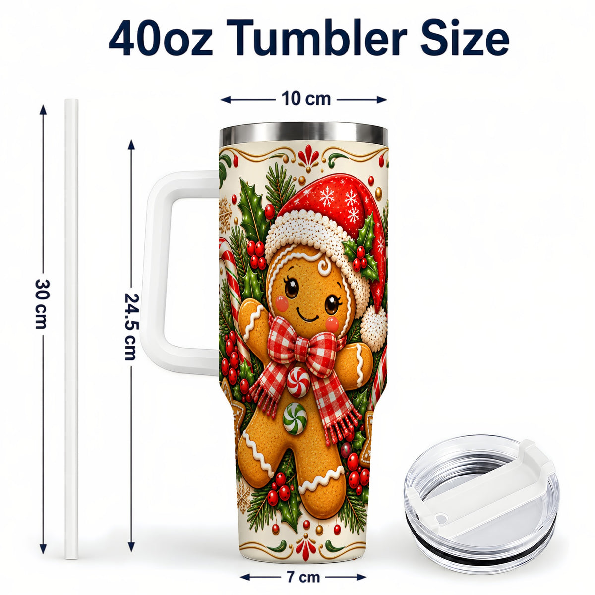 #pl[40oz|White] Gingerbread Girl Tumbler 40oz, Candy Cane Tumbler, Steel Travel Cup