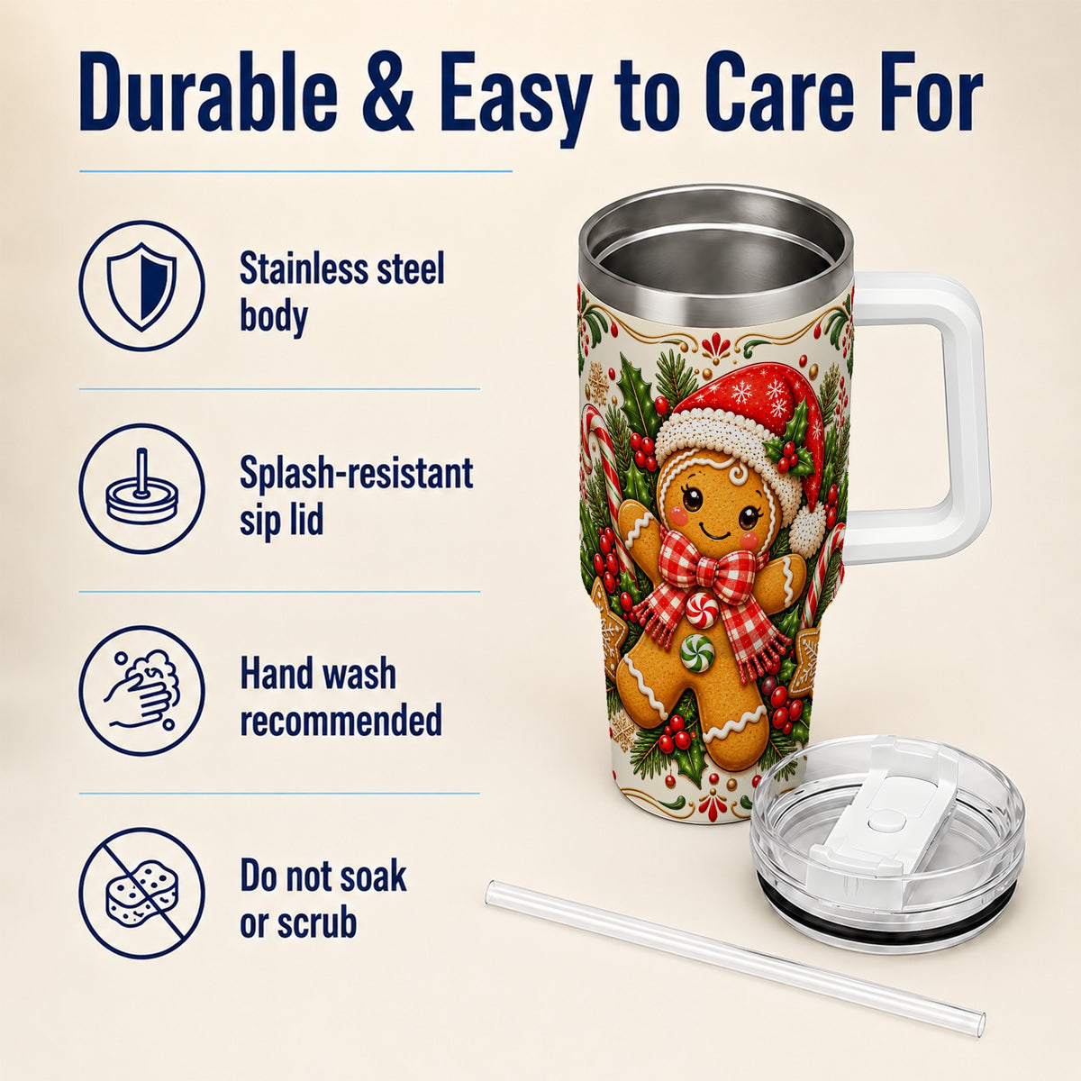 Gingerbread Girl Tumbler 40oz, Candy Cane Tumbler, Steel Travel Cup