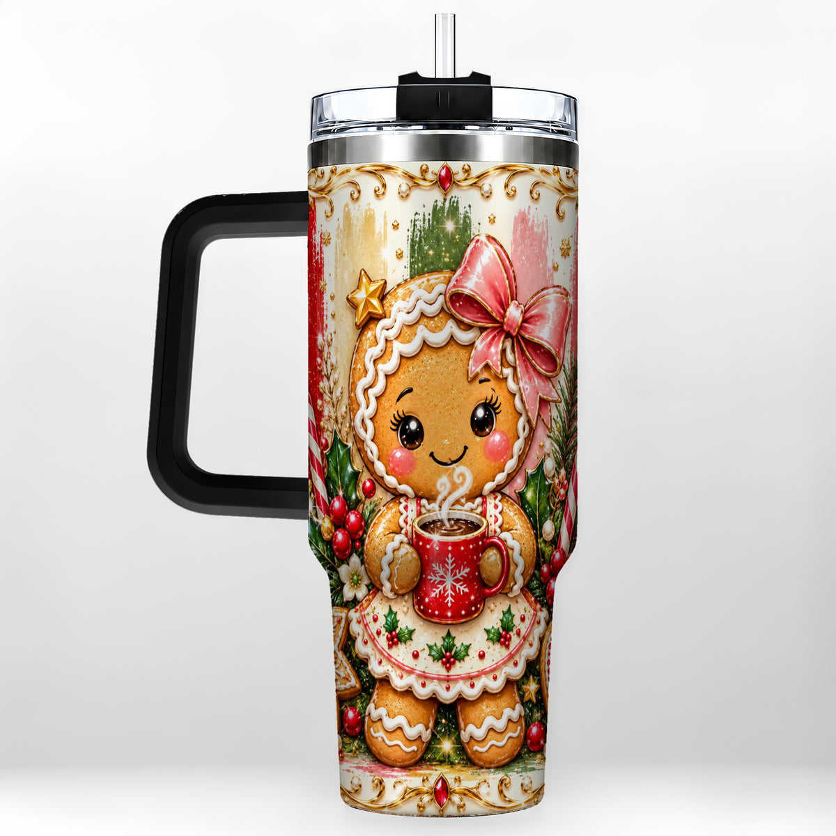 #pl[40oz|Black] Gingerbread Girl Tumbler 40oz, Holiday Tumbler, Stainless Steel Travel Cup