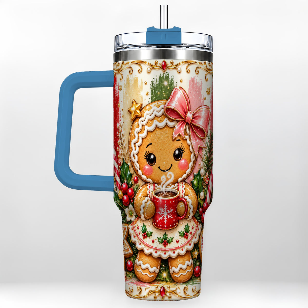 #pl[40oz|Blue] Gingerbread Girl Tumbler 40oz, Holiday Tumbler, Stainless Steel Travel Cup