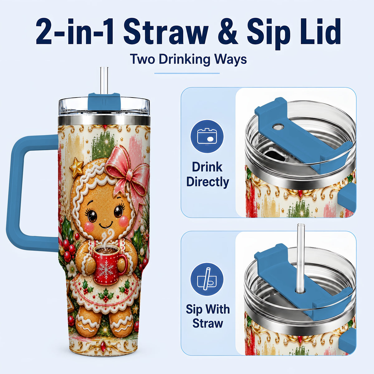 #pl[40oz|Blue] Gingerbread Girl Tumbler 40oz, Holiday Tumbler, Stainless Steel Travel Cup