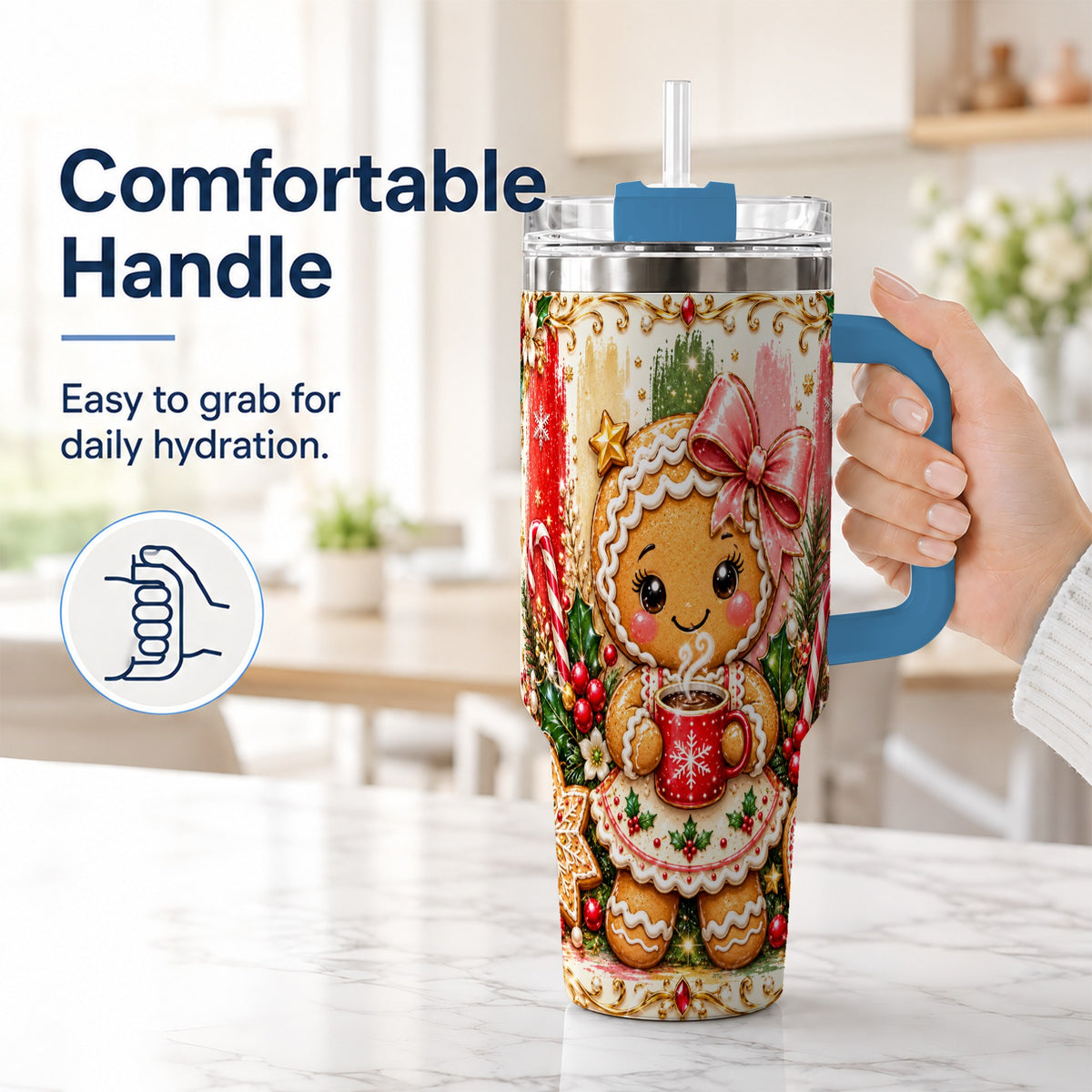 #pl[40oz|Blue] Gingerbread Girl Tumbler 40oz, Holiday Tumbler, Stainless Steel Travel Cup