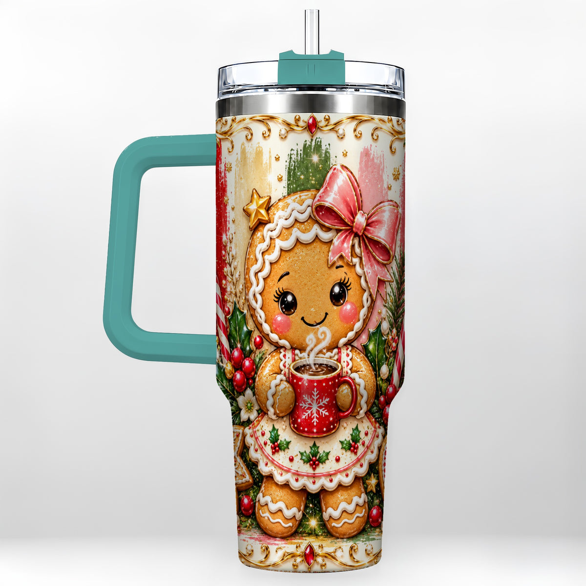#pl[40oz|Green] Gingerbread Girl Tumbler 40oz, Holiday Tumbler, Stainless Steel Travel Cup