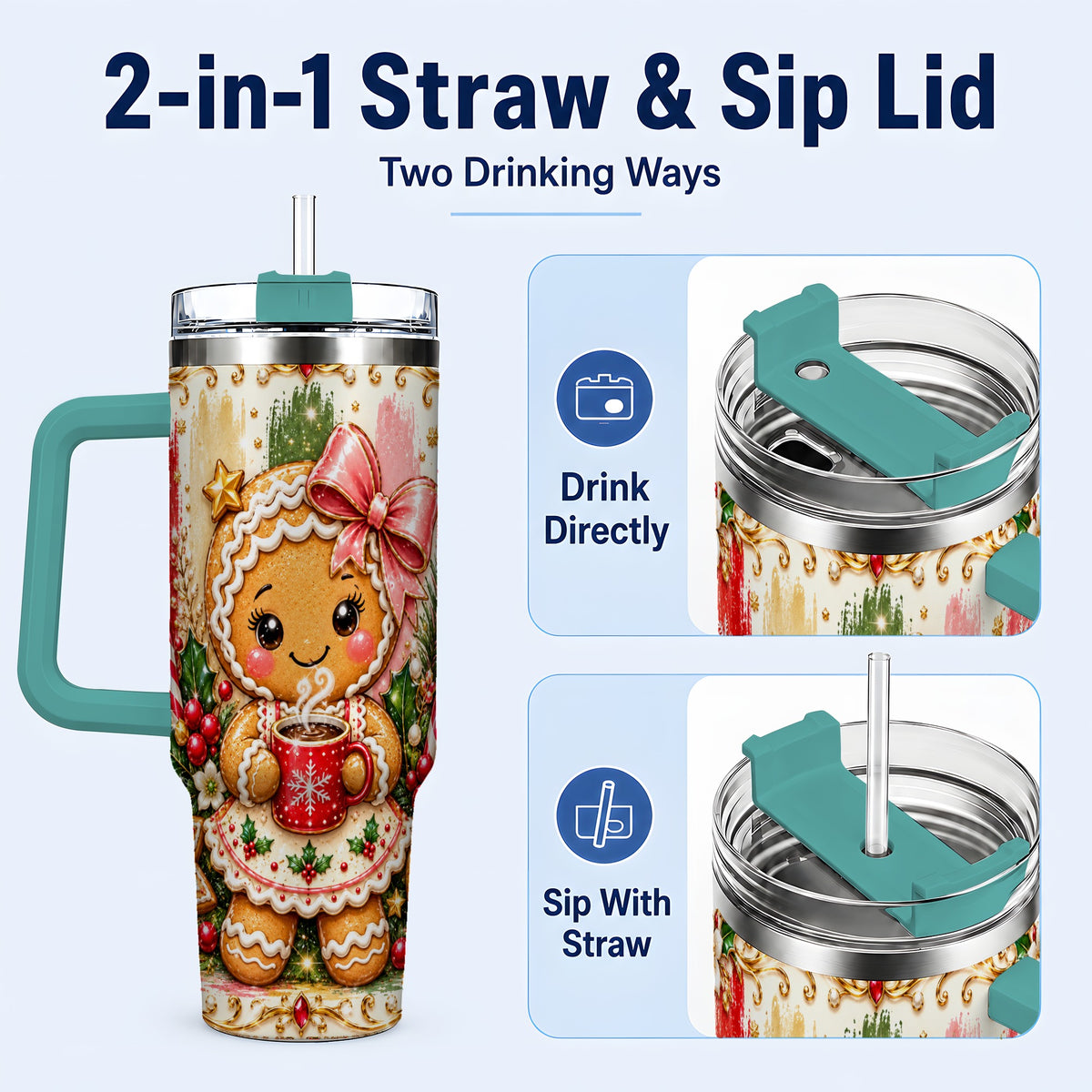 #pl[40oz|Green] Gingerbread Girl Tumbler 40oz, Holiday Tumbler, Stainless Steel Travel Cup
