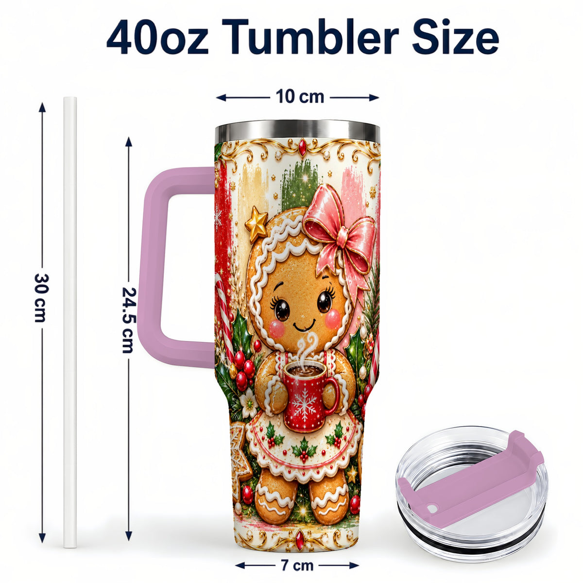 #pl[40oz|Pink] Gingerbread Girl Tumbler 40oz, Holiday Tumbler, Stainless Steel Travel Cup
