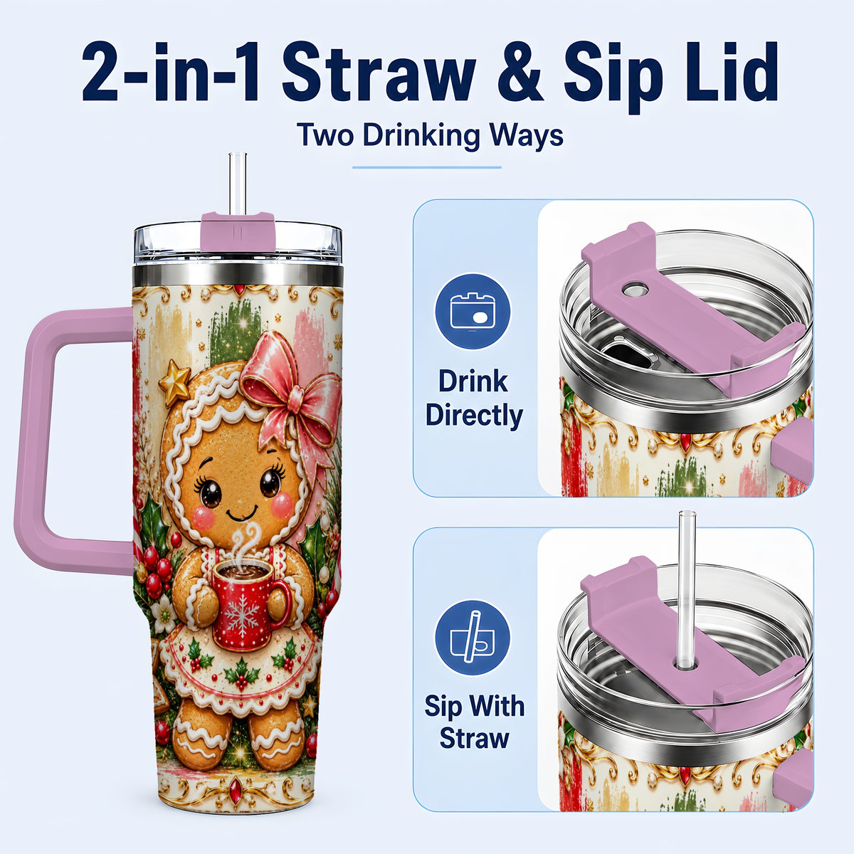 #pl[40oz|Pink] Gingerbread Girl Tumbler 40oz, Holiday Tumbler, Stainless Steel Travel Cup