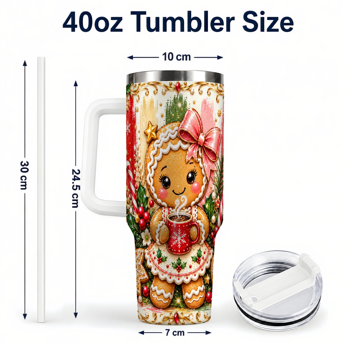 #pl[40oz|White] Gingerbread Girl Tumbler 40oz, Holiday Tumbler, Stainless Steel Travel Cup
