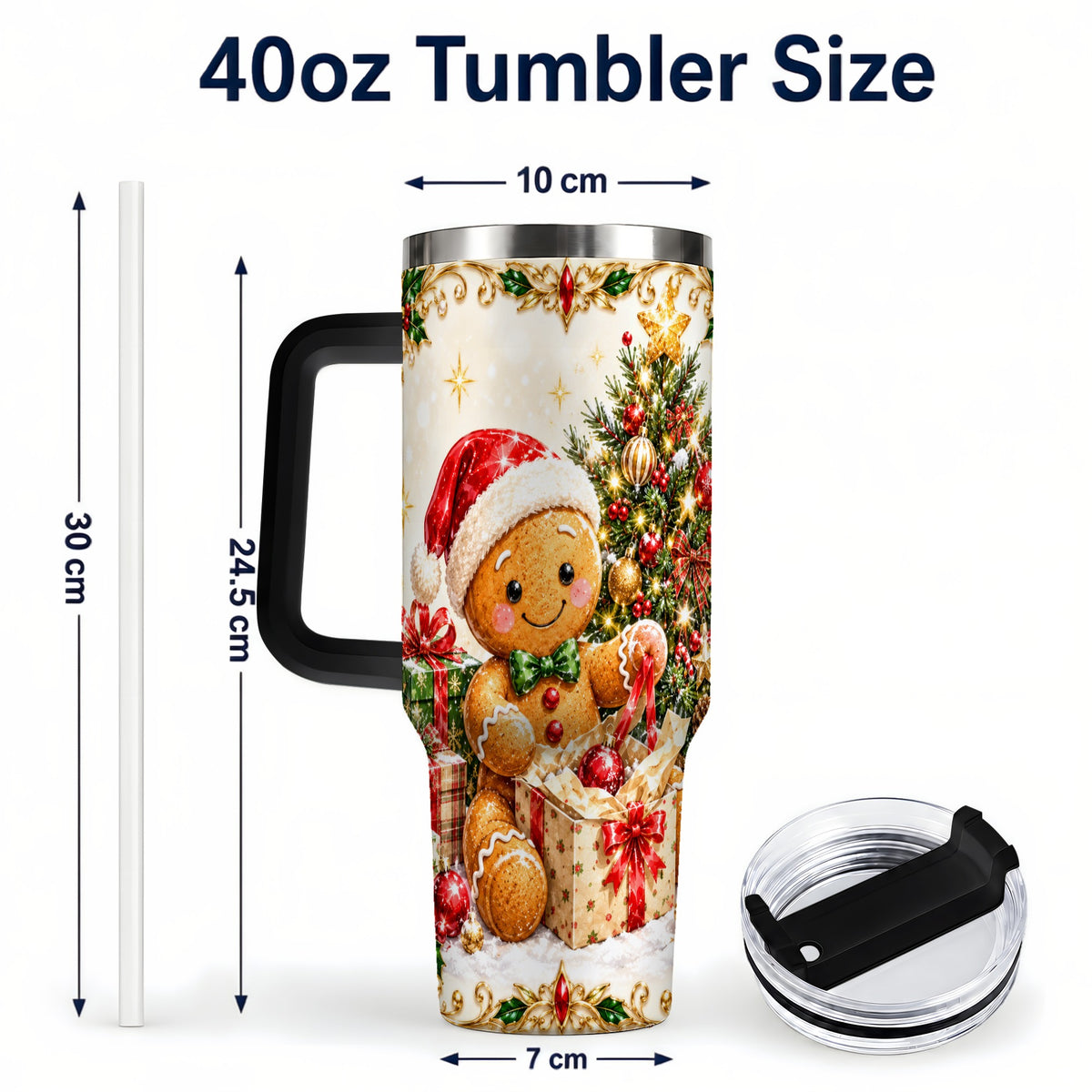 #pl[40oz|Black] Christmas Gingerbread 40oz Tumbler with Handle, Holiday Travel Cup