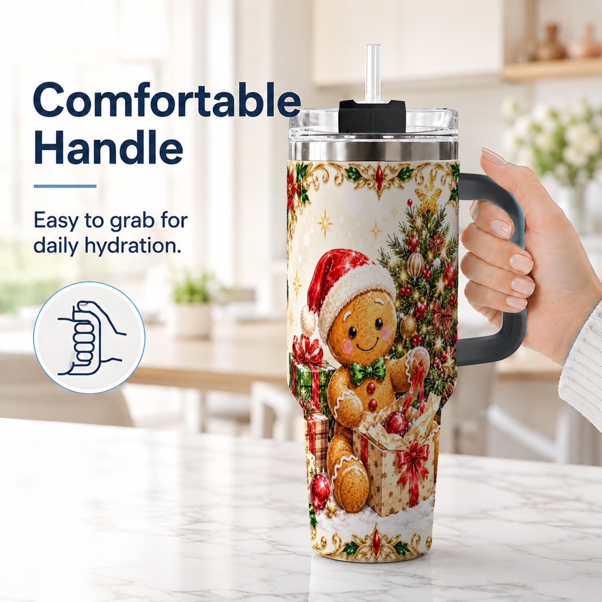 #pl[40oz|Black] Christmas Gingerbread 40oz Tumbler with Handle, Holiday Travel Cup