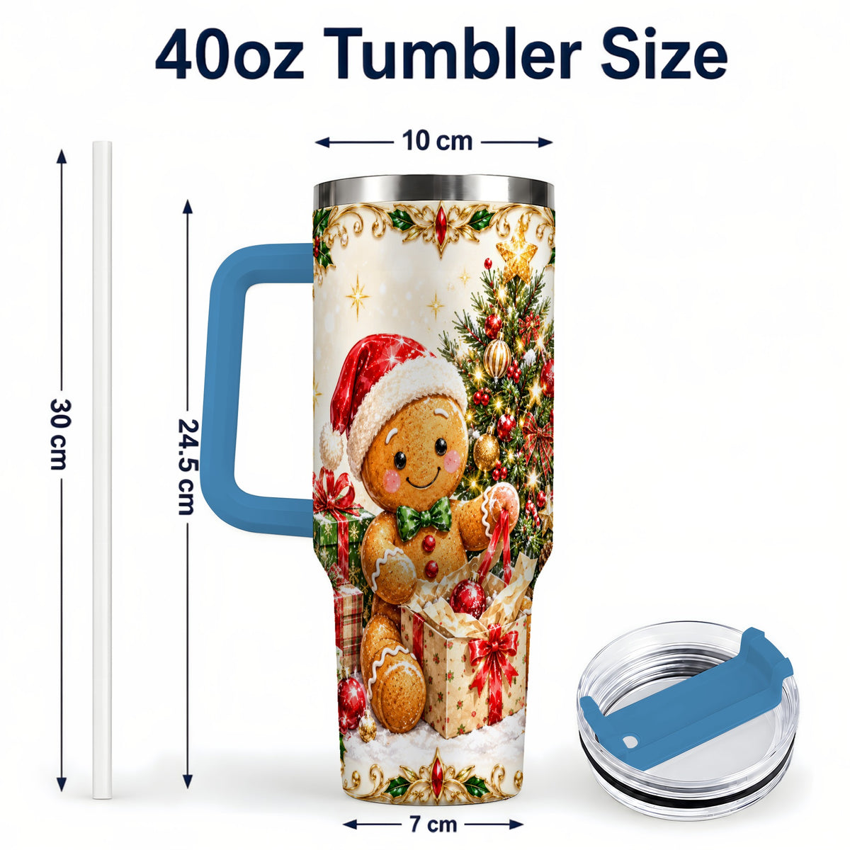 #pl[40oz|Blue] Christmas Gingerbread 40oz Tumbler with Handle, Holiday Travel Cup