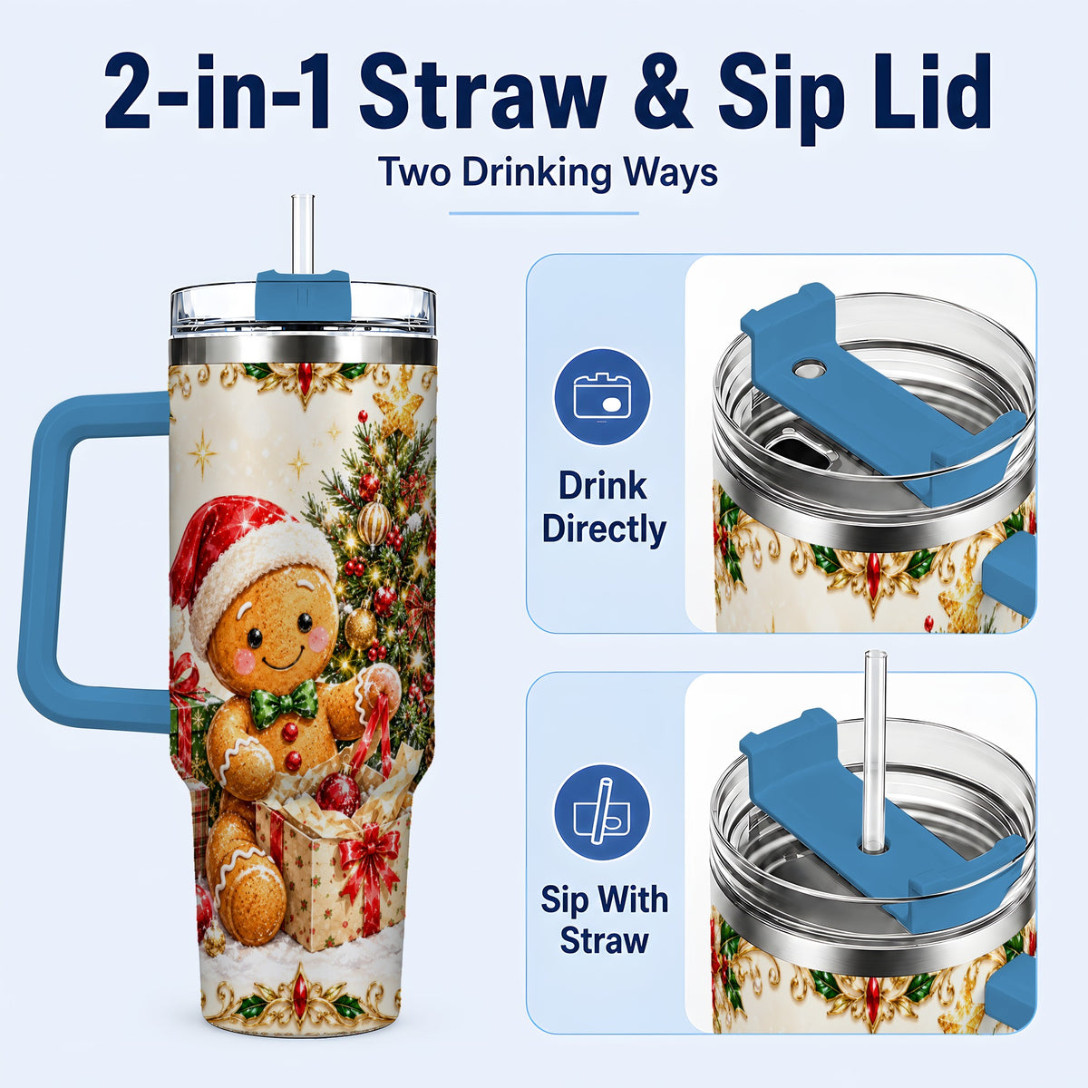 #pl[40oz|Blue] Christmas Gingerbread 40oz Tumbler with Handle, Holiday Travel Cup