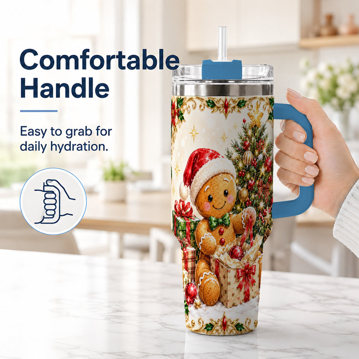 #pl[40oz|Blue] Christmas Gingerbread 40oz Tumbler with Handle, Holiday Travel Cup