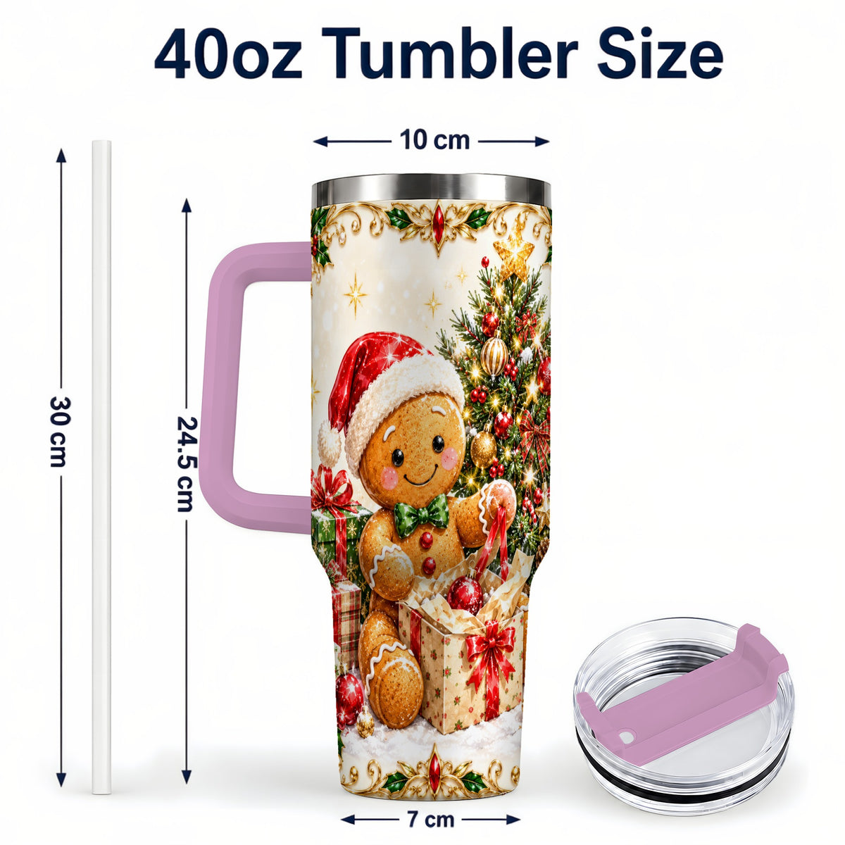 #pl[40oz|Pink] Christmas Gingerbread 40oz Tumbler with Handle, Holiday Travel Cup