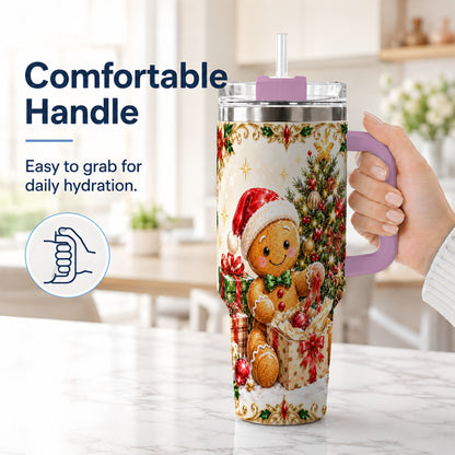 #pl[40oz|Pink] Christmas Gingerbread 40oz Tumbler with Handle, Holiday Travel Cup