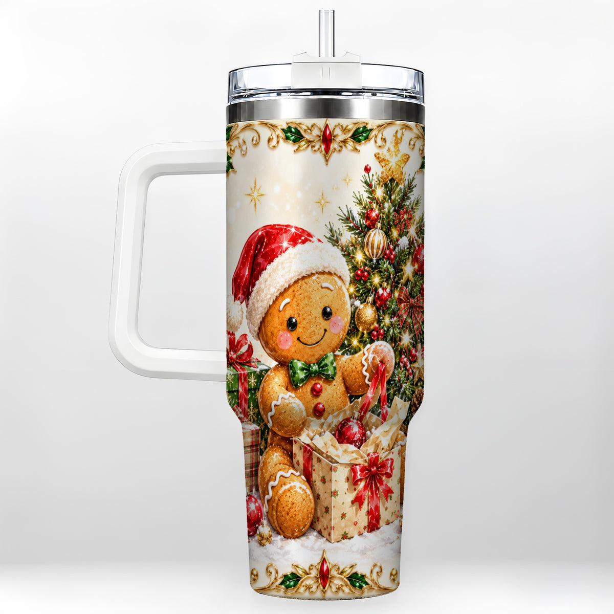 Christmas Gingerbread 40oz Tumbler with Handle, Holiday Travel Cup