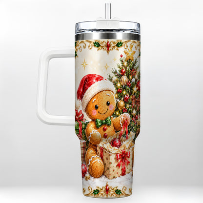 Christmas Gingerbread 40oz Tumbler with Handle, Holiday Travel Cup