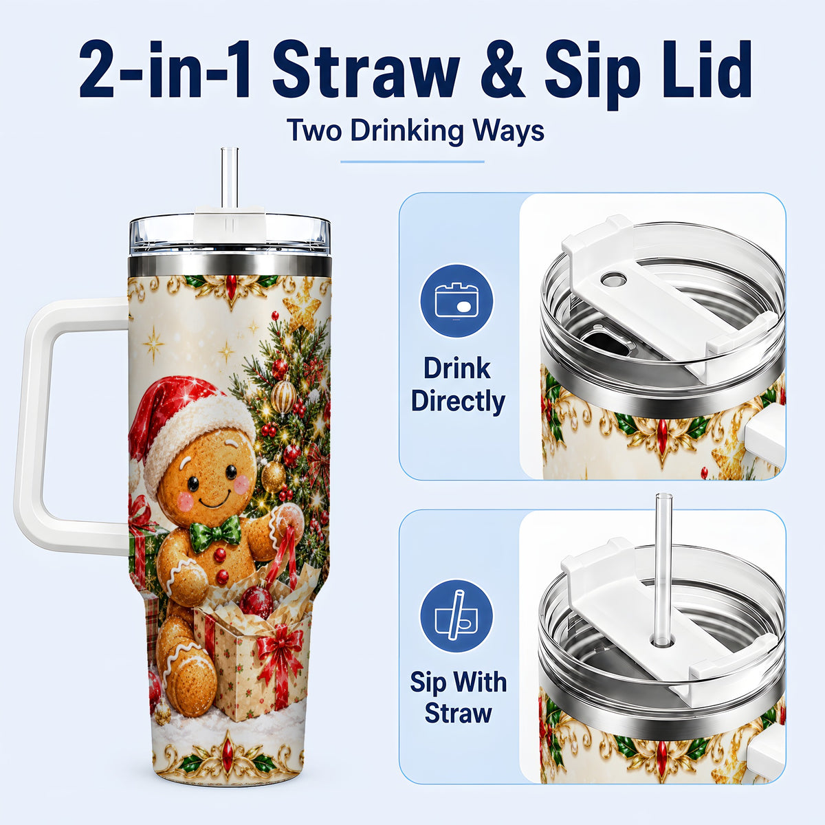 #pl[40oz|White] Christmas Gingerbread 40oz Tumbler with Handle, Holiday Travel Cup