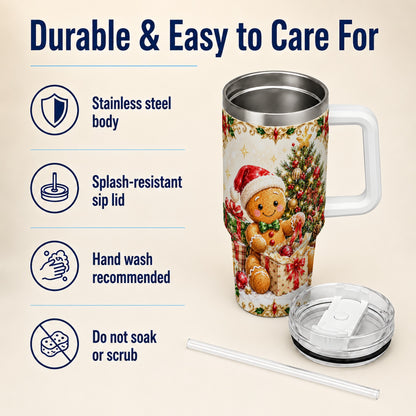 Christmas Gingerbread 40oz Tumbler with Handle, Holiday Travel Cup