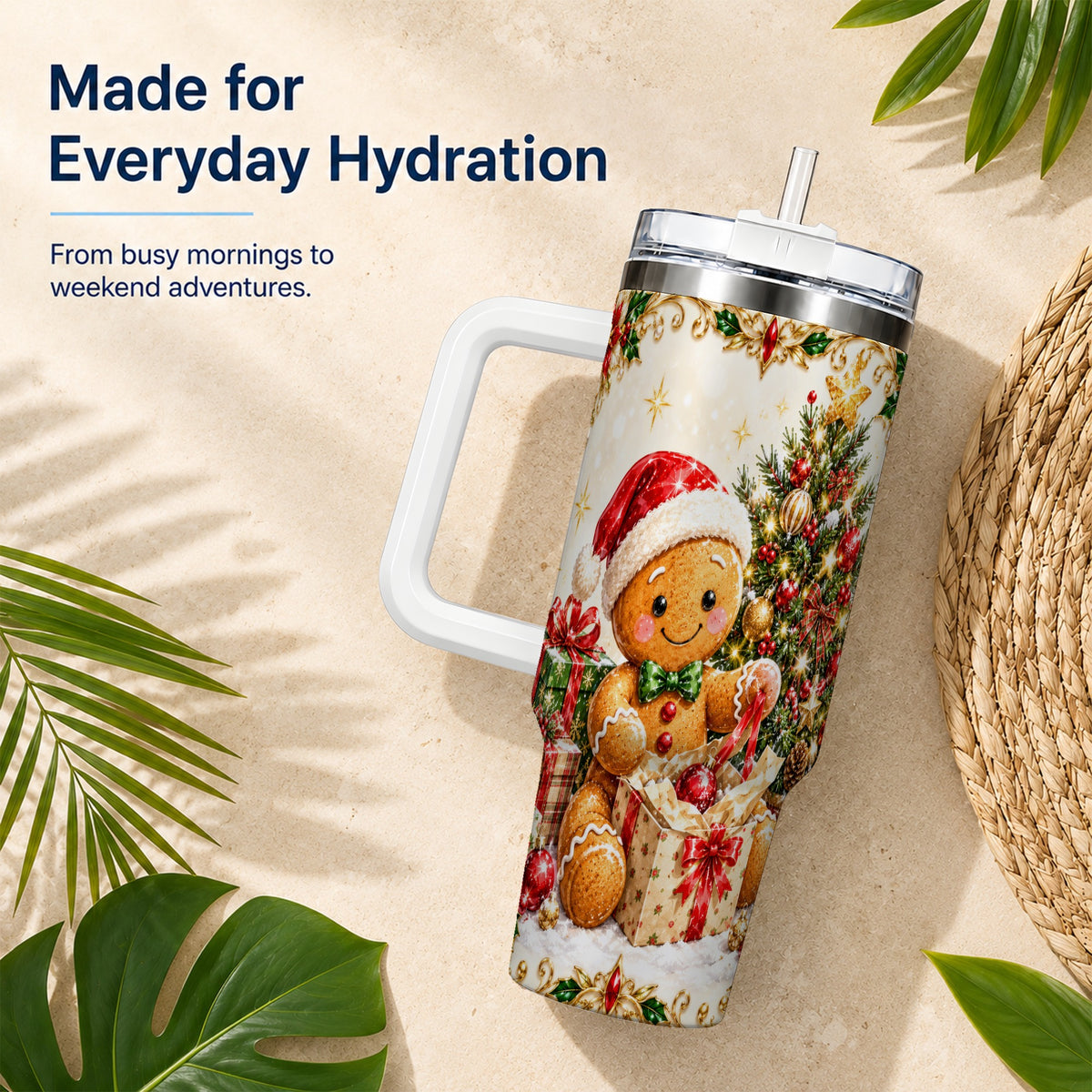 Christmas Gingerbread 40oz Tumbler with Handle, Holiday Travel Cup