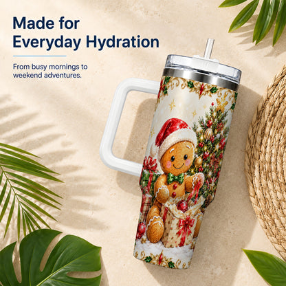 Christmas Gingerbread 40oz Tumbler with Handle, Holiday Travel Cup