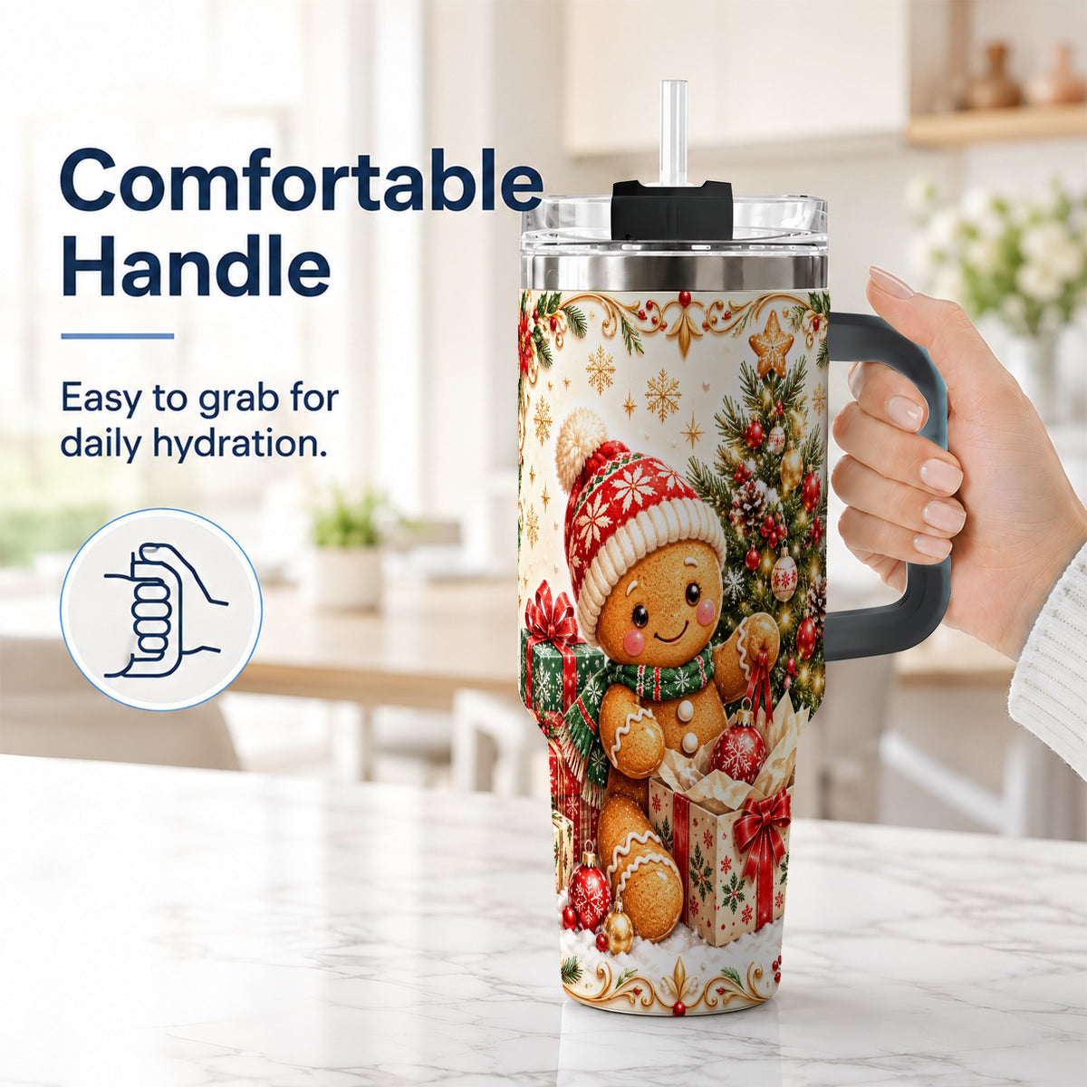 #pl[40oz|Black] Cozy Gingerbread 40oz Tumbler with Handle, Christmas Travel Cup