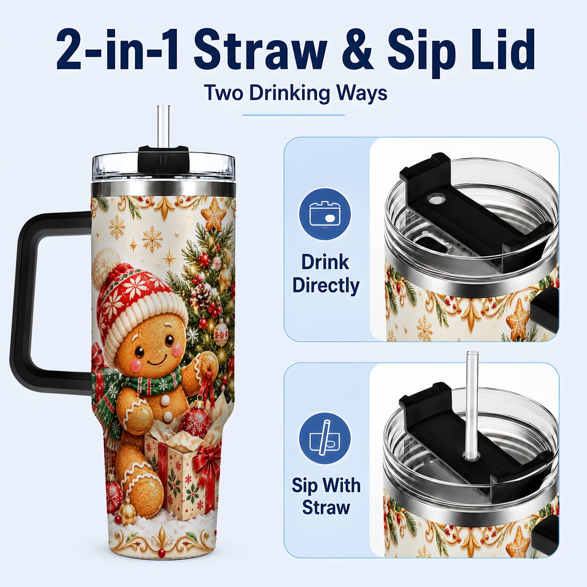 #pl[40oz|Black] Cozy Gingerbread 40oz Tumbler with Handle, Christmas Travel Cup